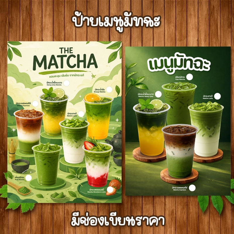(โปสเตอร์มัทฉะ มีช่องราคา) ป้ายเมนูขนาด A4 เคลือบใสแข็งกันน้ำ