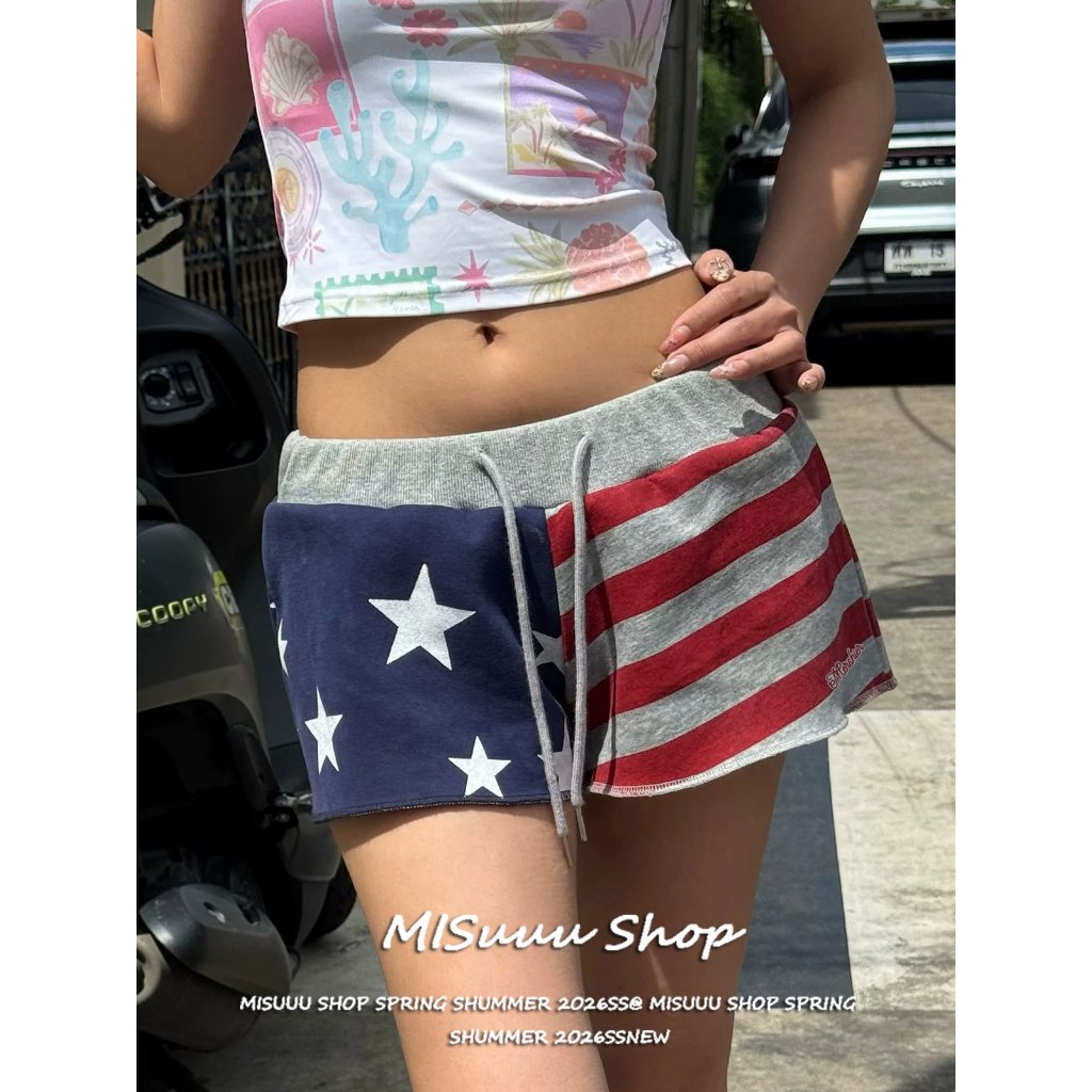 [American Style Star Print Color Block Shorts]กางเกงขาสั้นฤดูร้อนสไตล์อเมริกันสปอร์ตตัวสวยผอมสัดส่วน