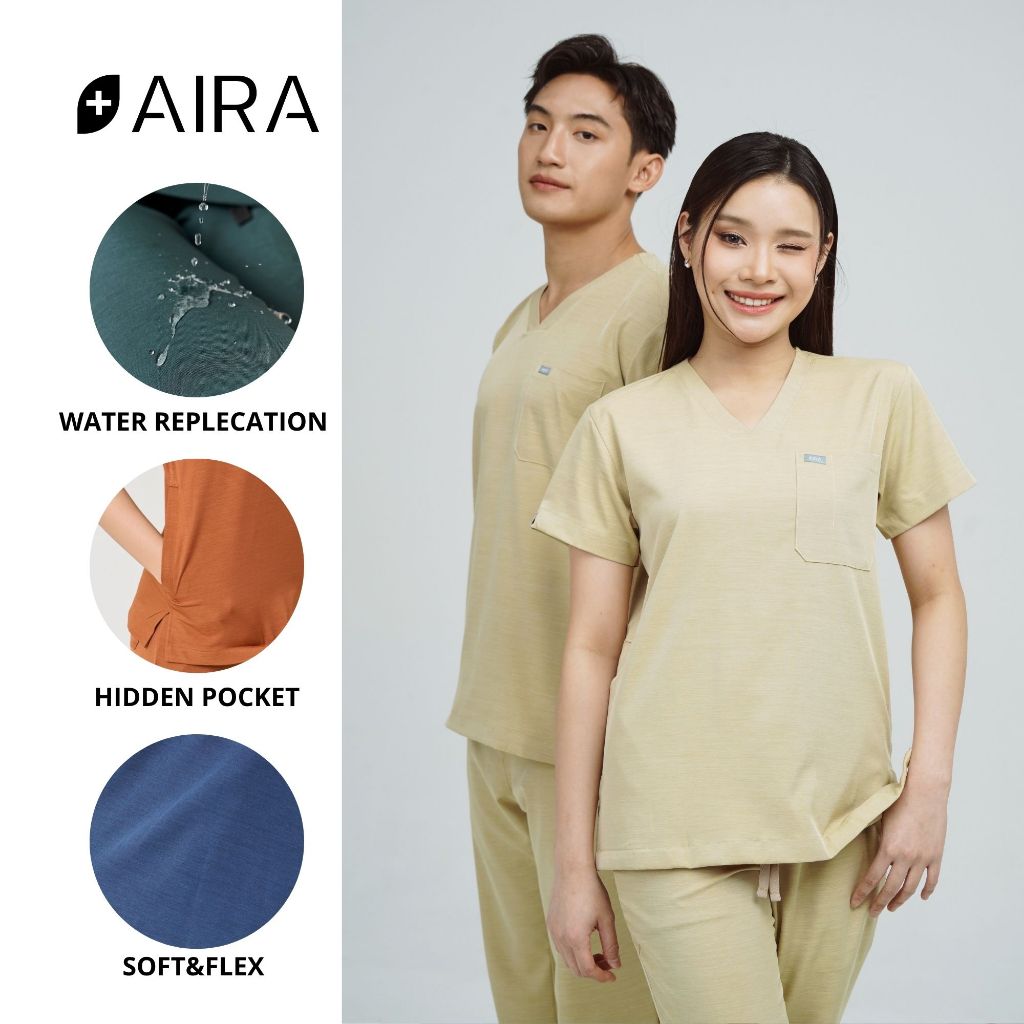 ชุดสครับ พร้อมปักชื่อ สะท้อนน้ำ Aira Scrubs สีเบจ