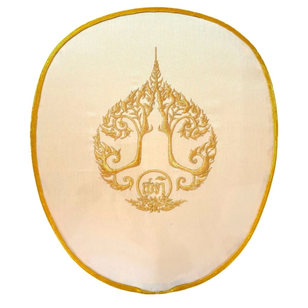 ตาลปัตร ย่าม ลายพระปักดิ้นทอง มินิมอล ผ้าไหมญี่ปุ่นสีครีม พร้อมด้ามหังท้ายทอง