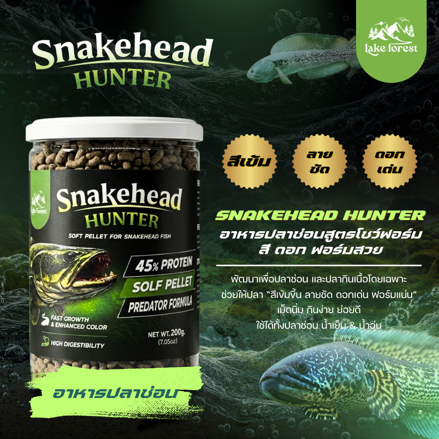 อาหารปลาช่อน สูตรเร่งสี ดอก ฟอร์มสวย เม็ดนิ่ม กินง่าย (น้ำเย็น/น้ำอุ่น) Snakehead Hunter