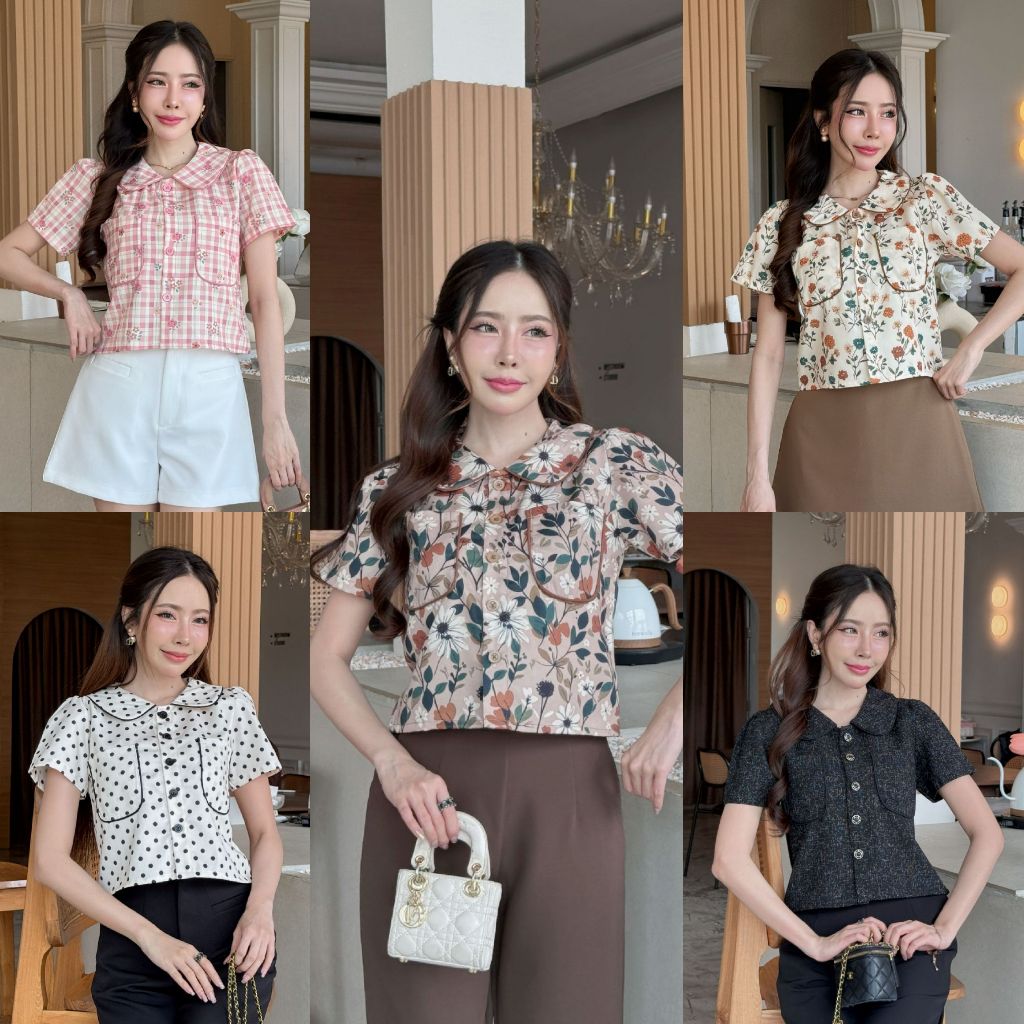 V1[S-XXL] เสื้อครอปคอบัวเล็กน่ารักแต่งกุ้นนูน