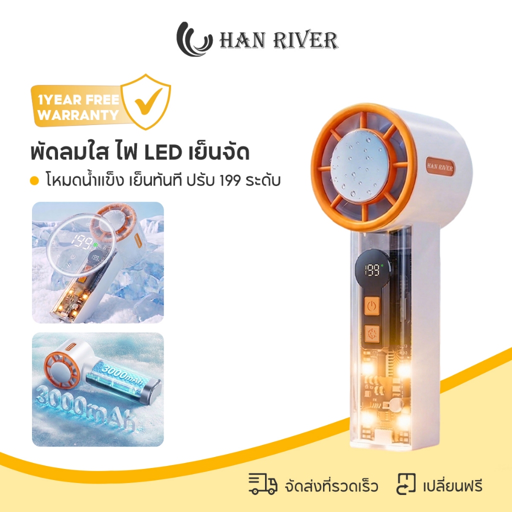 HAN RIVER พัดลมมือถือ USB แผ่นเย็นเซมิคอนดักเตอร์ ปรับลมแรง 199 ระดับ ดีไซน์ใสมีไฟ LED พัดลมพกพา