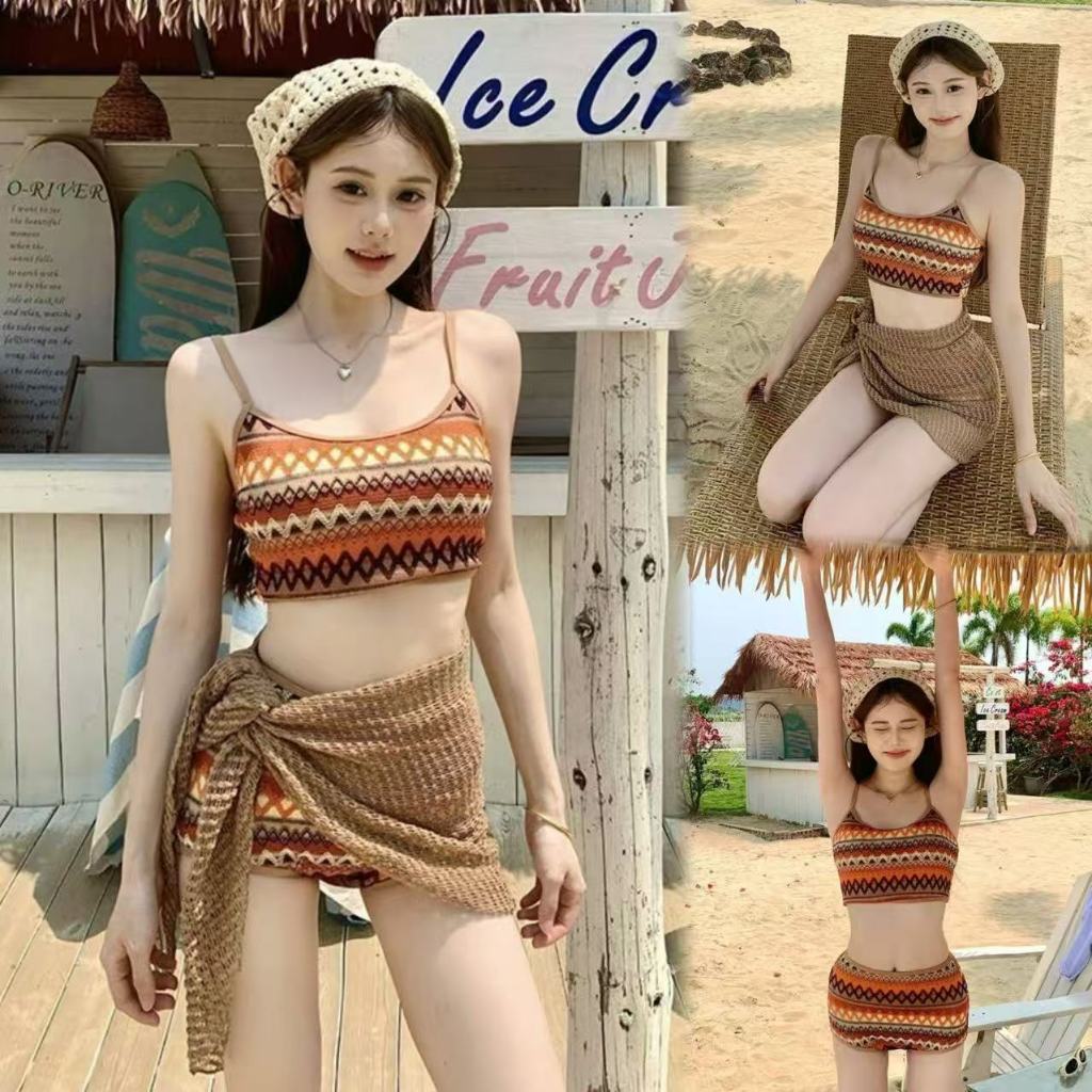 💗Beach Bikini💗Sexy bikini ชุดบิกินี่ 3 ชิ้น ถักทอ สไตล์วันหยุดพักผ่อน รุ่นใหม่ ด้วยฟองน้ำ