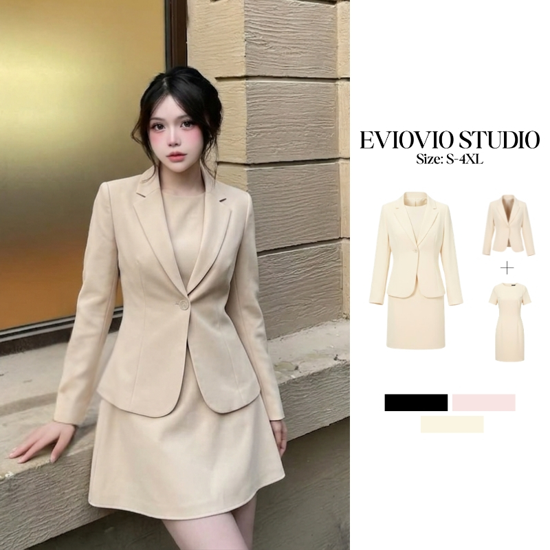S-4XL【EVIOVIO】💞ชุดเซต 2 ชิ้น สูททำงาน + เดรสเกาหลีคอกลม ซิบหลัง ชุดสุภาพ  ชุดใส่ทำงาน ชุดออกงาน ชุดสาวอวบ พร้อมส่ง🔥