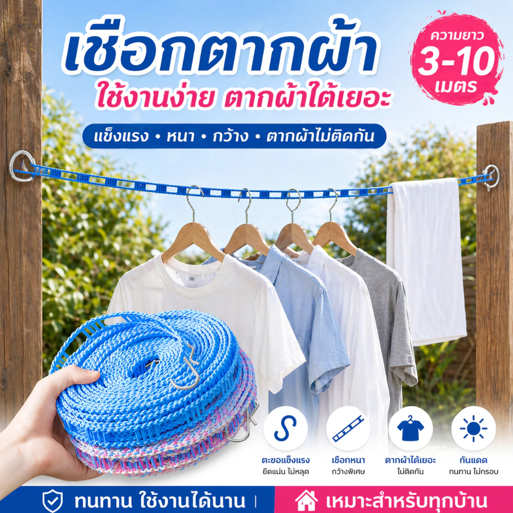 เชือกตากผ้าพร้อมตะขอต้านลมและกันลื่น ไม่ต้องเจาะรู เหมาะสำหรับใช้ในร่มและกลางแจ้ง