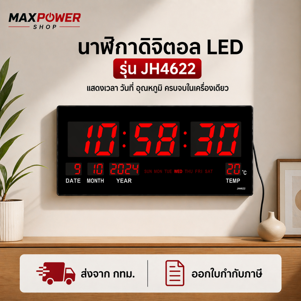 นาฬิกาดิจิตอล LED DIGITAL CLOCK แขวนติดผนัง ขนาดใหญ่ 46 X 22 X 3 CM  ตัวเลขสูง 7.5cm รุ่น JH-4622