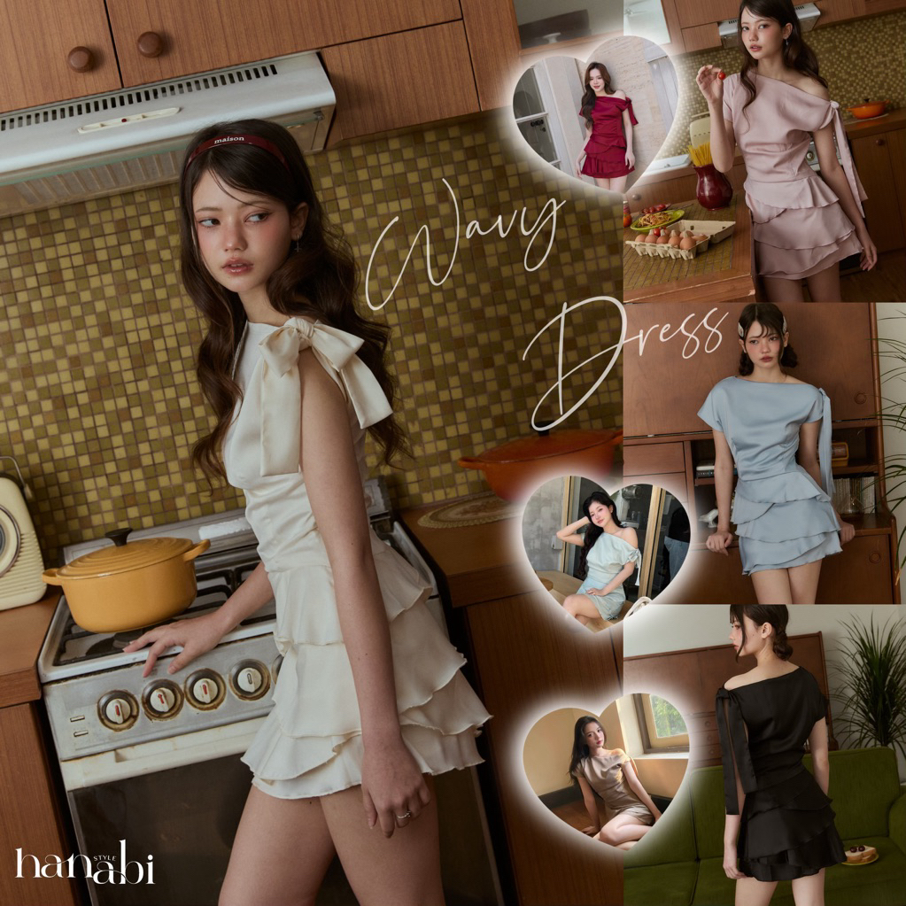 Wavy dress🌊 มินิเดรสปาดไหล่ กระโปรงชั้นคลื่น (งานตัดของทางร้าน)