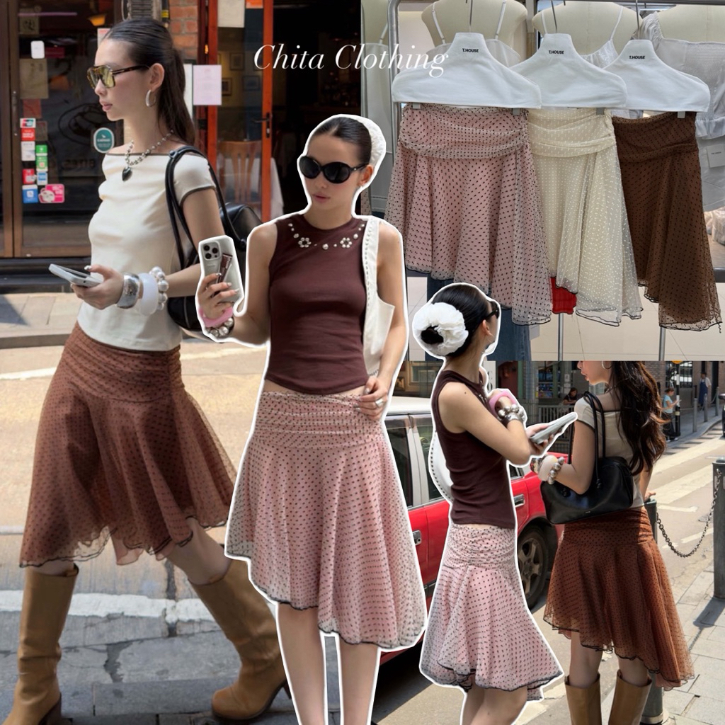 📍พร้อมส่ง📍SU197 POLKADOT SKIRT กระโปรงชีฟองลายจุด ผ้าดี งานสวย Tag MMFISH🇰🇷🇰🇷
