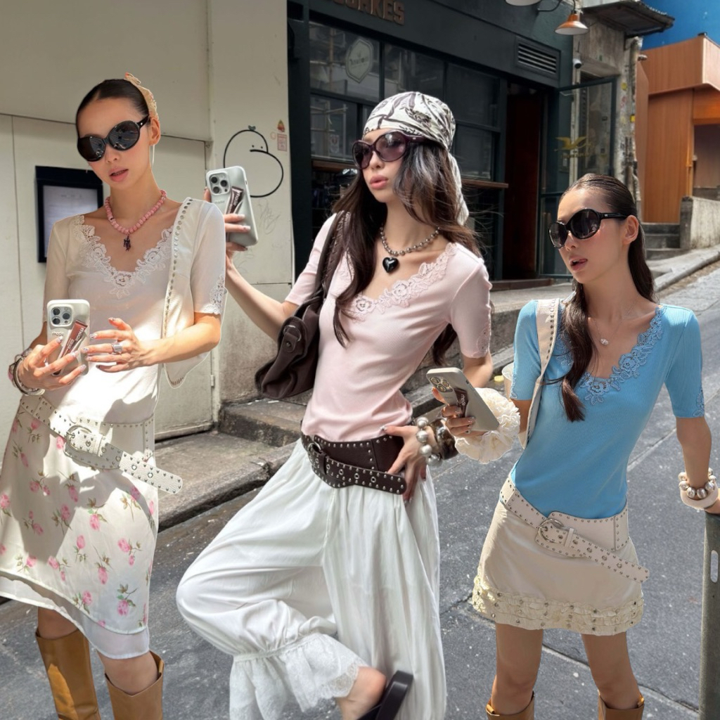 ส่งด่วน 🛵 26T193 MMFISH BLOSS LACE TOP เสื้อผ้าร่องแต่ฉลุอกและปลายแขน
