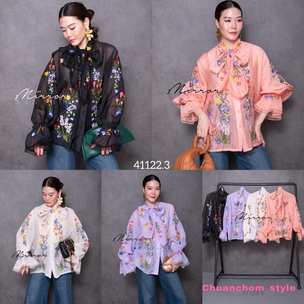 🔖Mirrorsister 41122.3 เสื้อปักลายดอกไม้ ทรงเสื้อเก๋น่ารัก ช่วงคอผูกโบว์ขอบแต่งลูกไม้ แขนยาวจัมพ์ระบาย