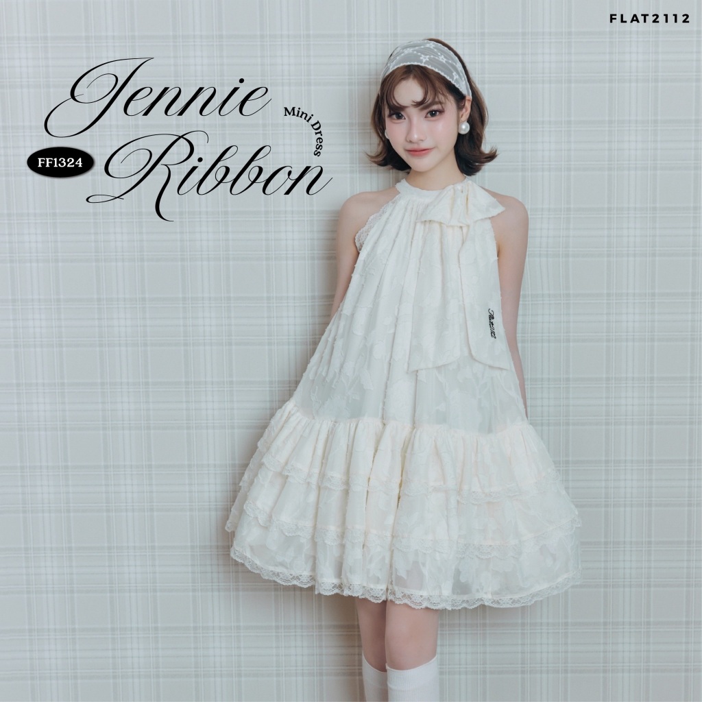 FLAT2112 : JENNIE RIBBON  MINI DRESS เดรสสั้นใส่แล้วดูตัวเล็ก หวานละมุน เดรสทรงสวย พรางหุ่น เดรสสั้นแขนกุด (FF1324)