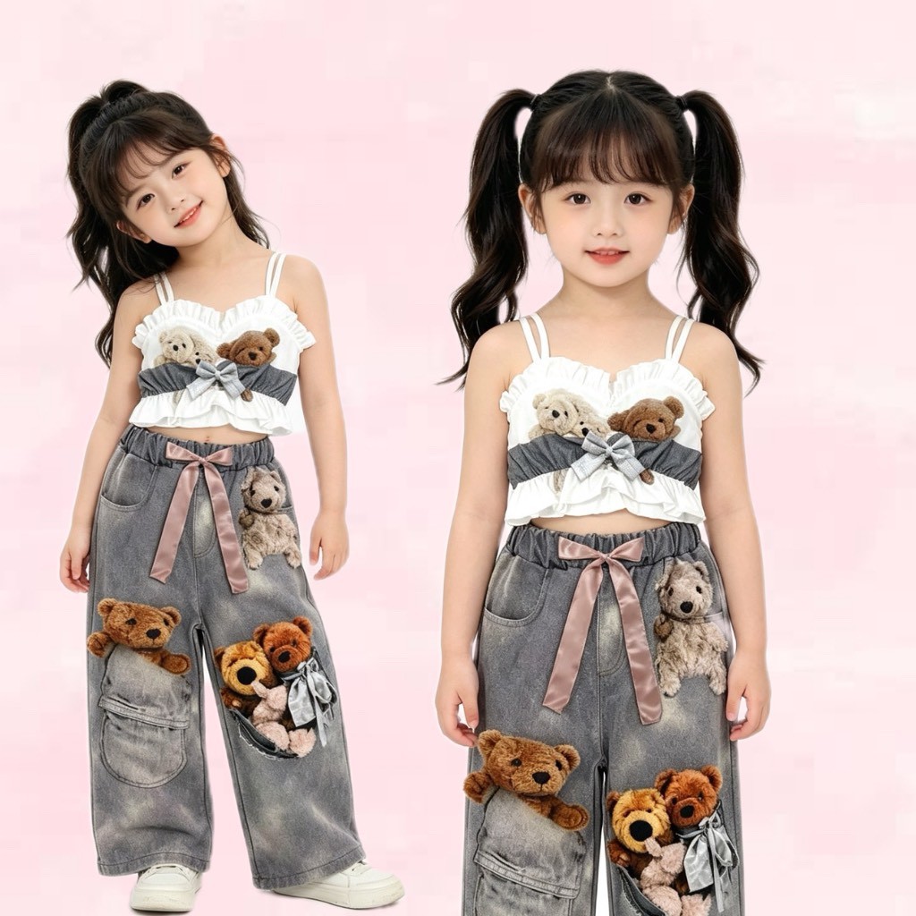 BB247 ชุดเด็กผู้หญิง เสื้อสายเดี่ยวแต่งระบาย+กางเกงขายาวลายหมี น่ารักหวานๆ