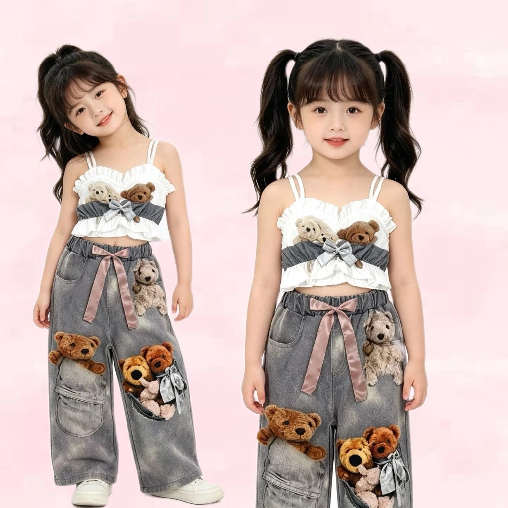 BB247 ชุดเด็กผู้หญิง เสื้อสายเดี่ยวแต่งระบาย+กางเกงขายาวลายหมี น่ารักหวานๆ