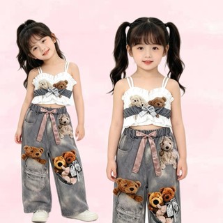 BB247 ชุดเด็กผู้หญิง เสื้อสายเดี่ยวแต่งระบาย+กางเกงขายาวลายหมี น่ารักหวานๆ