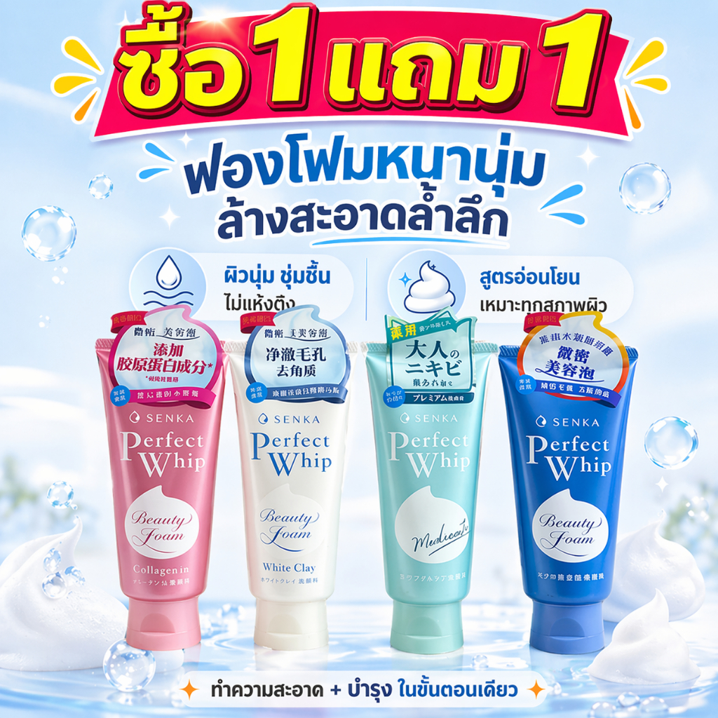🔥ซื้อ 1 แถม 1🔥SENKA เปอร์เฟควิป โฟมล้างหน้า 120gฟองครีมเข้มข้น ซึมล้ำสะอาด ปลอบผิวให้นุ่มชุ่มชื้น
