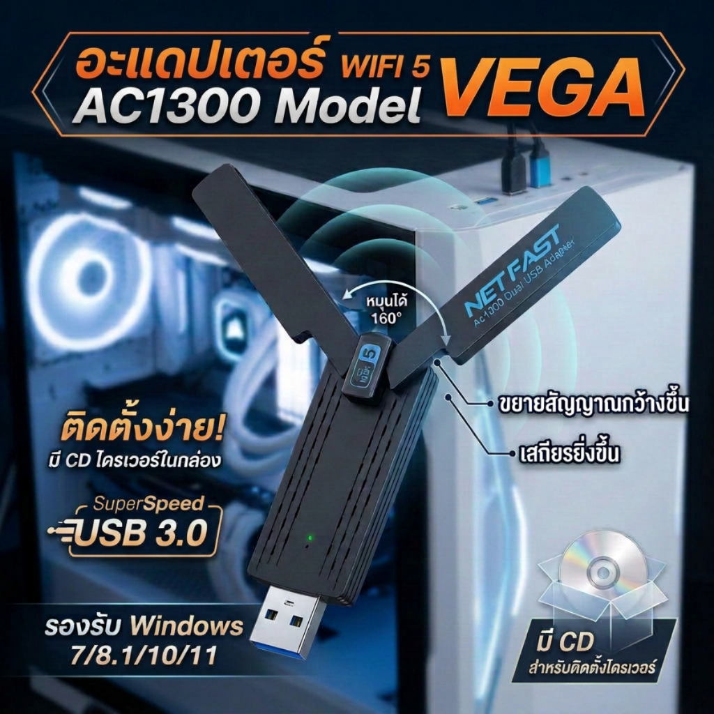 NETFAST Vega USB WiFi Adapter ตัวรับไวไฟ WiFi 5 AC1300 Dual Band 5GHz/2.4GHz เสาพับได้ USB3.0 สำหรับ PC Notebook Windows