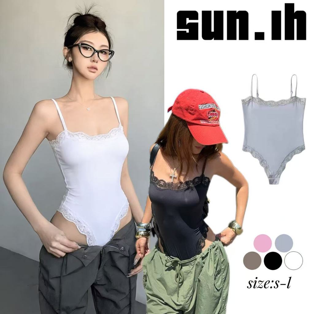 SUN🛍️พร้อมส่ง🛍️บอดี้สูทแต่งขอบลูกไม้ เสื้อแขนกุดรัดรูปสำหรับฤดูร้อน เสื้อสาวเซ็กซี่