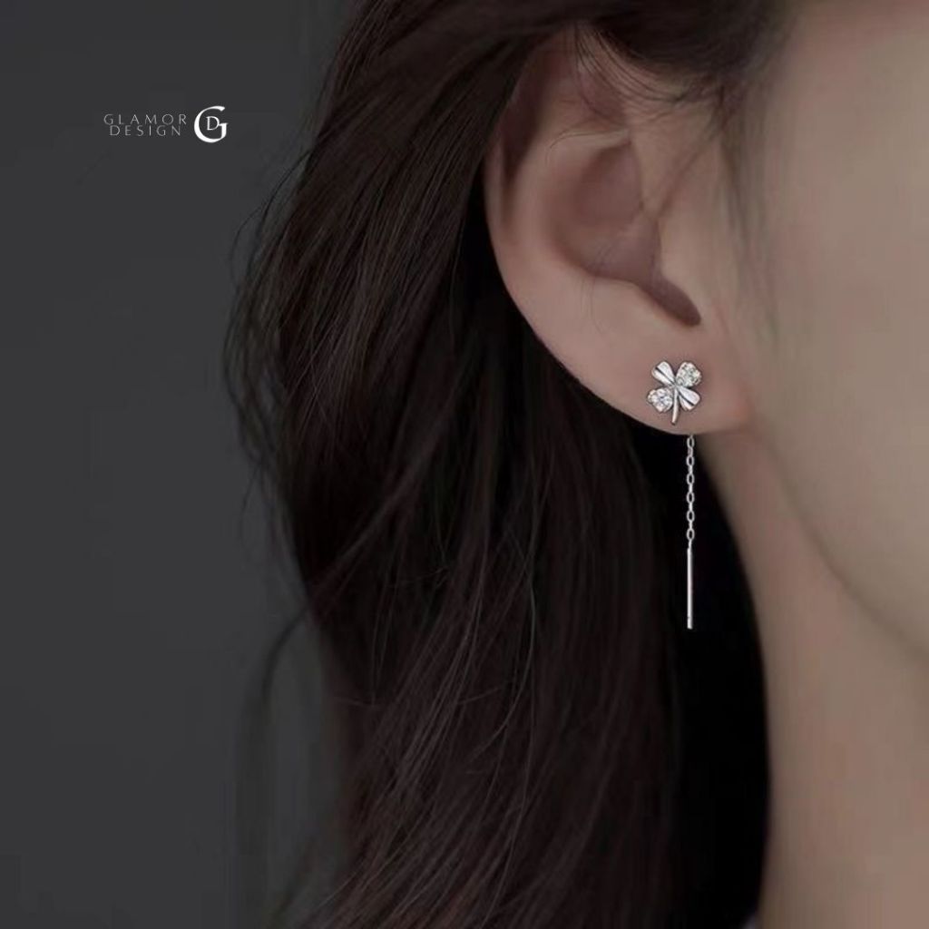 GLAMOR✨ต่างหูเงินแท้ Lucky Line ต่างหูรูปใบโคลเวอร์สี่แฉก ใส่ได้ตั้งแต่เช้ายันค่ำ ต่างหูเพชร ด้ายหู รูปที่ 5