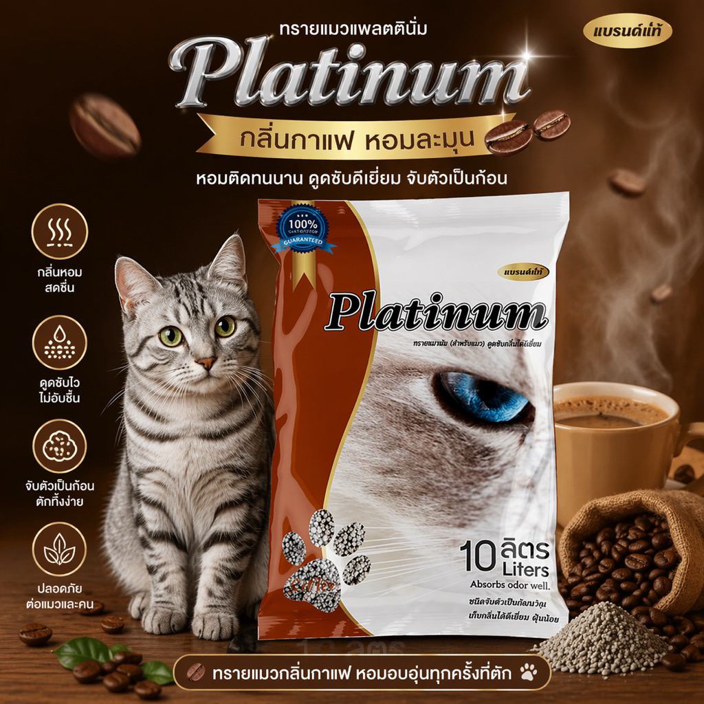 (กลิ่นกาแฟ ) ทรายแมว Platinum ทรายแมวแพลตตินั่ม ทรายแมวไร้ฝุ่น ทรายแมวเก็บกลิ่น