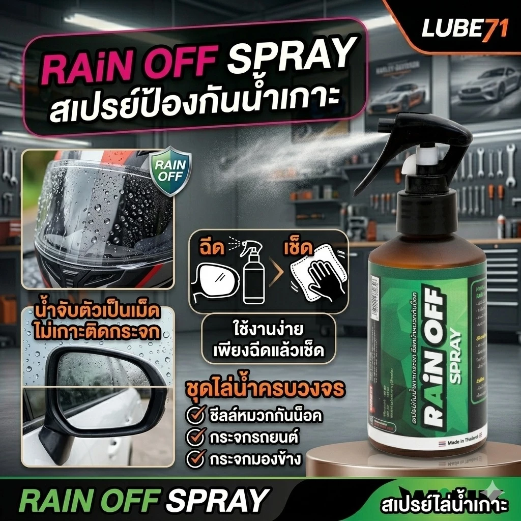 LUBE71 RAIN OFF สเปรย์ป้องกันน้ำเกาะชีลหมวกกันน็อคและกระจกรถยนต์ 150 มล