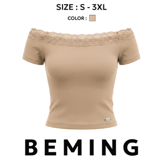 Bemingtop1174(S-3XL)-Karyi Top - เสื้อปาดไหล่ดีไซน์คอปาดแต่งลูกไม้ เพิ่มดีเทลอะไหล่โลโก้ BEMING