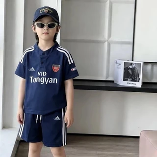 ชุดลำลองแฟชั่นสำหรับเด็ก เสื้อแขนสั้นคอตั้ง เสื้อแขนสั้น+กางเกงขาสั้น ชุดกีฬาสำหรับเด็ก ดีไซน์สไตล์เกาหลี
