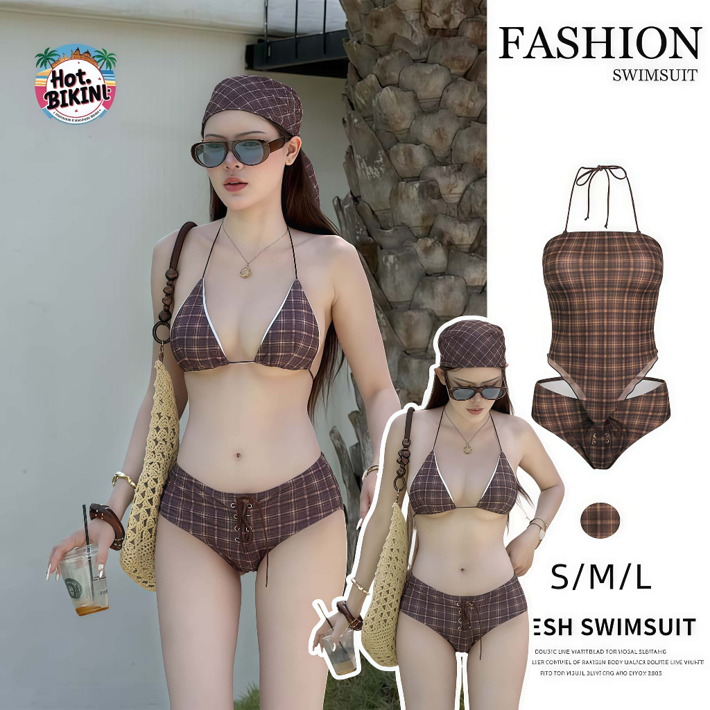 Hot.Bikini🌴🏖️ชุดสามชิ้น ชุดไปทะเล สีน้ำตาล bikini ลายตารางหมากรุก ผูกคอ โชว์หลัง ปลอบโยน ระบายอากาศ ส่งไวจากไทย