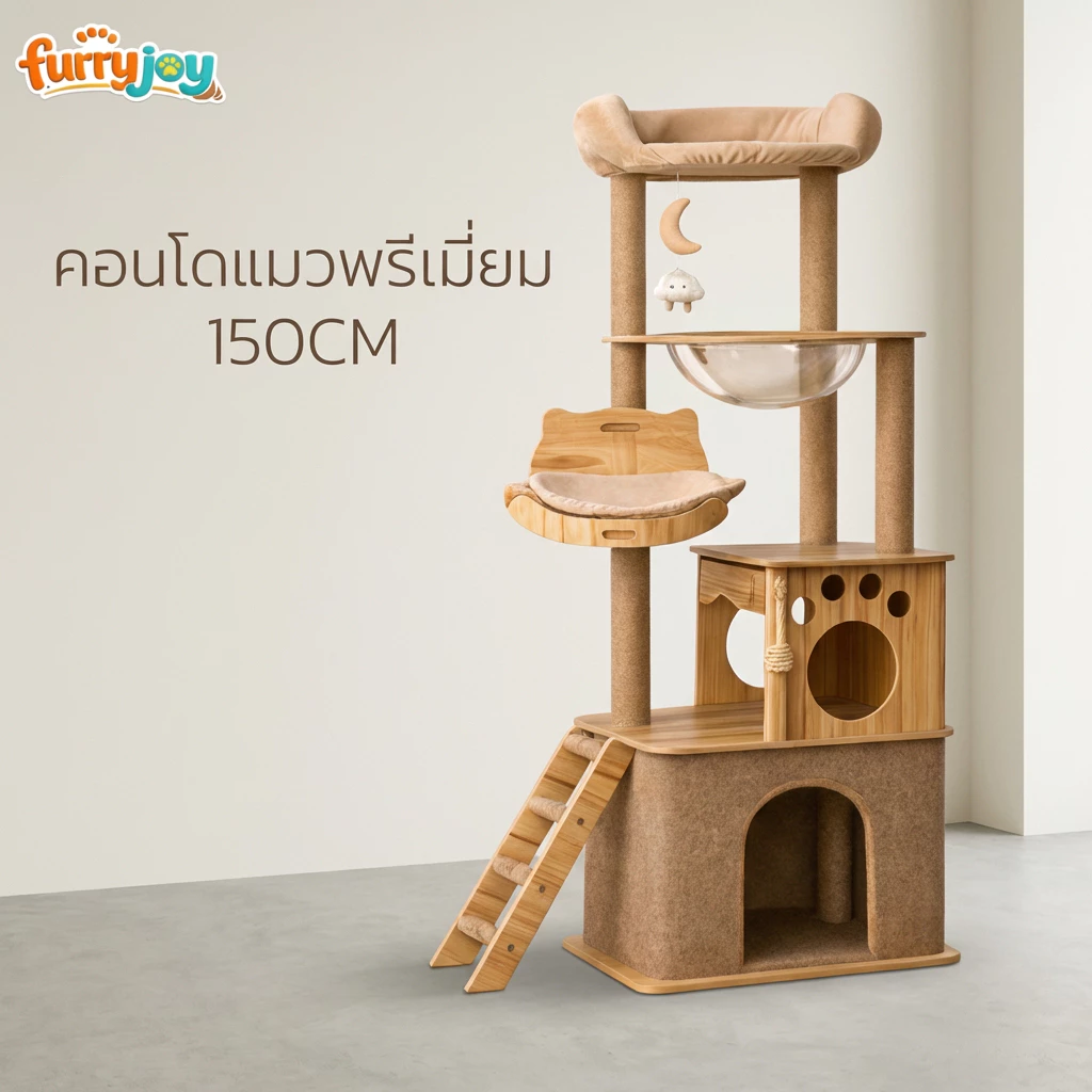 [FurryJoy]คอนโดแมว 150cm หลุมอวกาศใสใหญ่พิเศษ ไม่โยก ไม่ติดขน รับแมวตัวใหญ่ 1-3 ตัว แข็งแรง ทนทาน