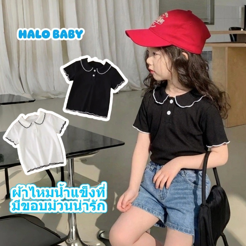 เสื้อยืดแขนสั้นสำหรับเด็กผู้หญิงในฤดูร้อน คอปกปีเตอร์แพน ทำจากผ้าไหมไอซ์ซิลค์แบบมีลายริ้ว ดีไซน์สไตล์เกาหลี