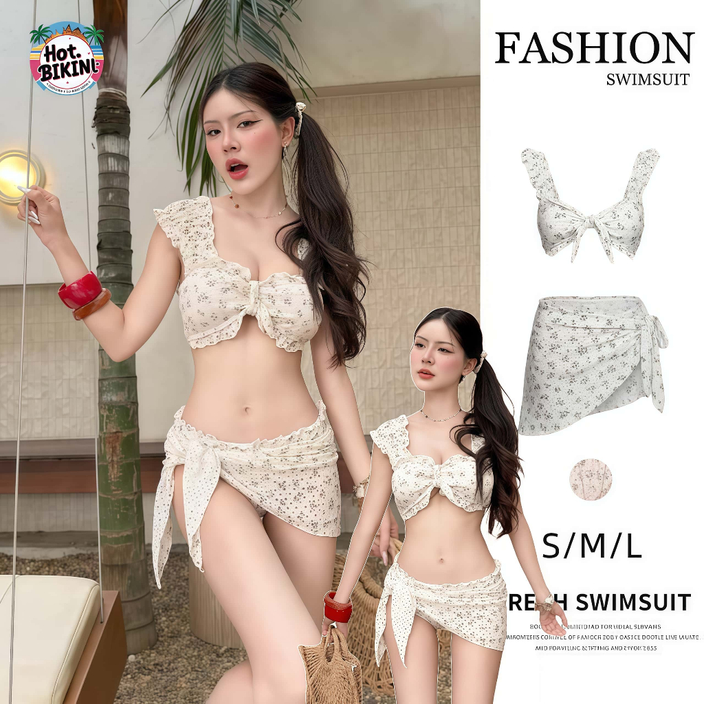 Hot.Bikini🌴🏖️ดอกไม้ ชุดว่ายน้ำ ชุดสามชิ้น สด  ชุดว่ายน้ำ bikini ลายดอกไม้ เปลือยหลัง ชั้นต่ำ ส่งไวจากไทย