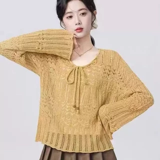 เสื้อคาร์ดิแกนถักแขนยาวสำหรับผู้หญิง สไตล์เกาหลี เนื้อผ้าบาง สไตล์ฤดูร้อนใหม่ ดีไซน์โปร่ง ทรงหลวม