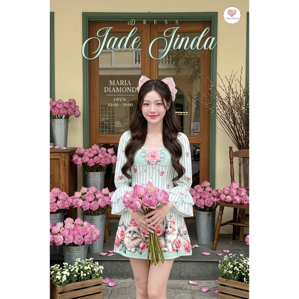 (มี3XL) สีเขียวพาสเทล Jade Jinda Dress เดรสผ้าเปเป้พิมพ์ลาย แขนยาวปลายแต่งระบาย + เข็มกลัดดอกไม้ ซิปหลัง มีซับใน