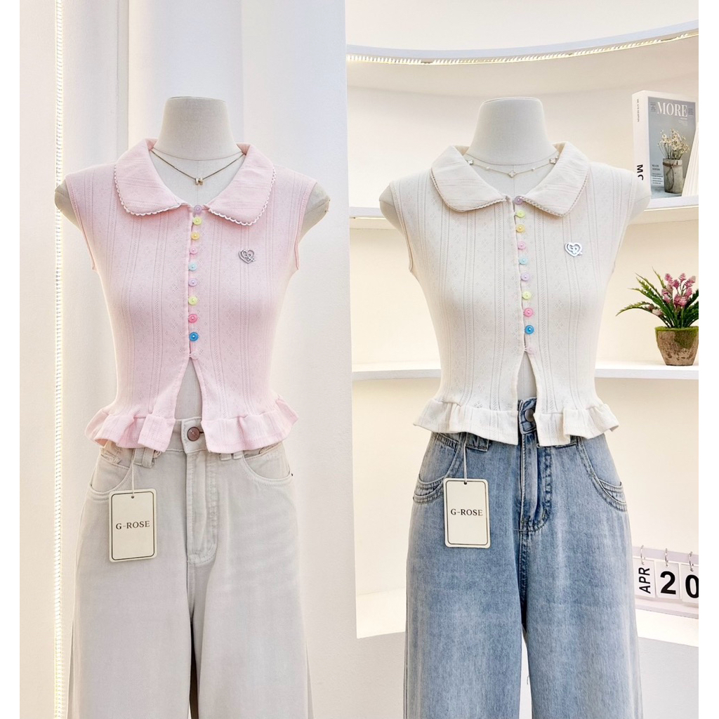 G-rose เสื้อแขนกุดปกหยัก ผ้าร่องลายริ้ว