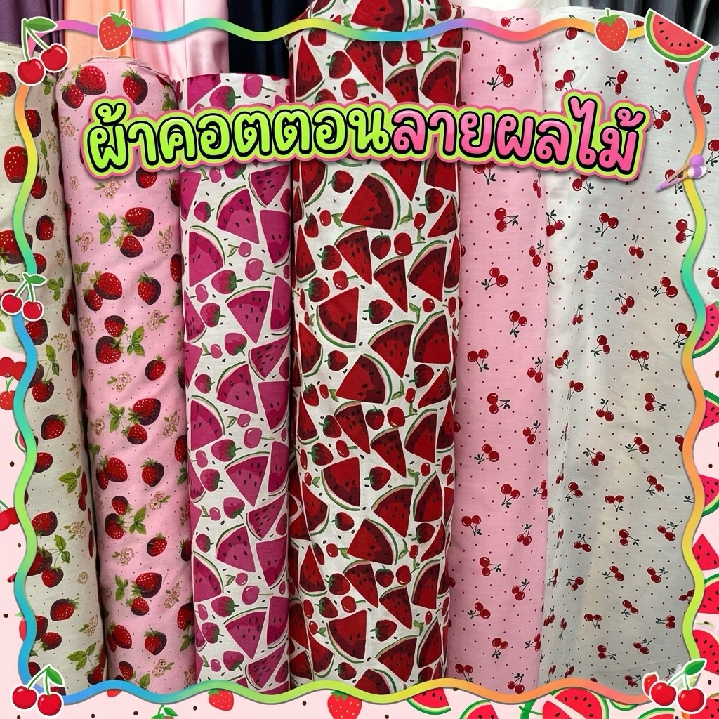 ผ้าเมตร หลา ลายผลไม้ สตอเบอรี่ เชอรี่ ลายการ์ตูน​ ผ้าคอตตอลผสม ถ่ายพร็อพ ฉาก ผ้าปู