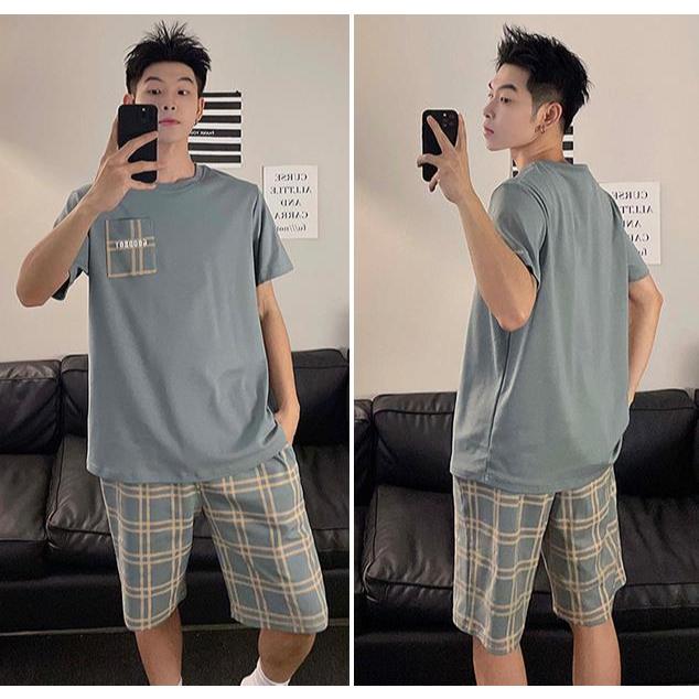 ชุดนอนผู้ชาย，เสื้อยืด+กางเกงขาสั้น，ผ้าคอตตอนทรงหลวมใส่สบาย，L~3XL,50~100KG ราคา ถูกที่สุด ดีลบีเคเค แกลเลอรีภาพที่ 2