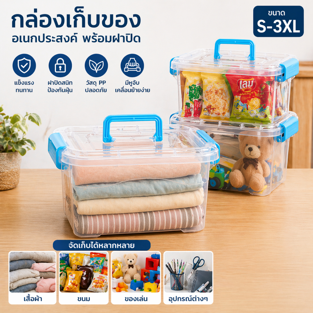 กล่องเก็บของใส สำหรับจัดเก็บในบ้าน ฝาปิดมีตัวล็อก ป้องกันความชื้นและแมลง ทำจากพลาสติก