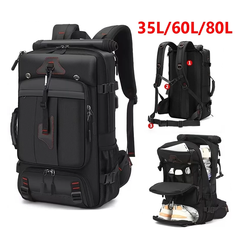 35L/60L/80L เป้เดินทาง กันน้ำ กระเป๋าเป้สะพายหลัง ความจุใหญ่ Roll Top พร้อมช่องใส่รองเท้า ใส่โน๊ตบุ๊ค 17 นิ้ว