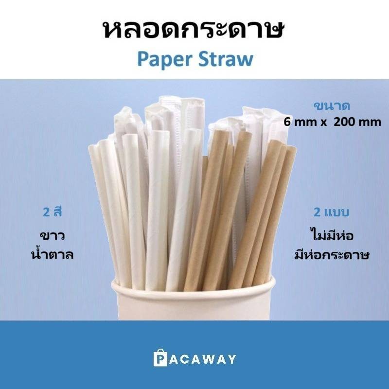 [100 ชิ้น] หลอดกระดาษ สีขาว 6 มม x 200 มม เป็นมิตรกับสิ่งแวดล้อม ย่อยสลายได้ Paper Straw
