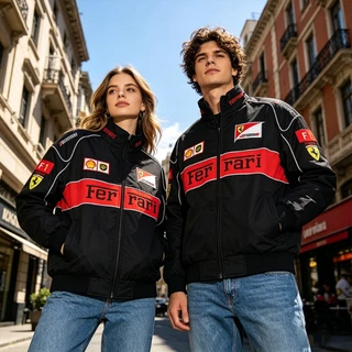 [พร้อมส่ง]Ferrari F1 เสื้อแจ็กเก็ตรถแข่งย้อนยุค เสื้อโค้ทแขนยาวผู้หญิง ปักลายงานสวย ผ้าหนานุ่ม มีซิปใส่ได้ทั้งชายและหญิง