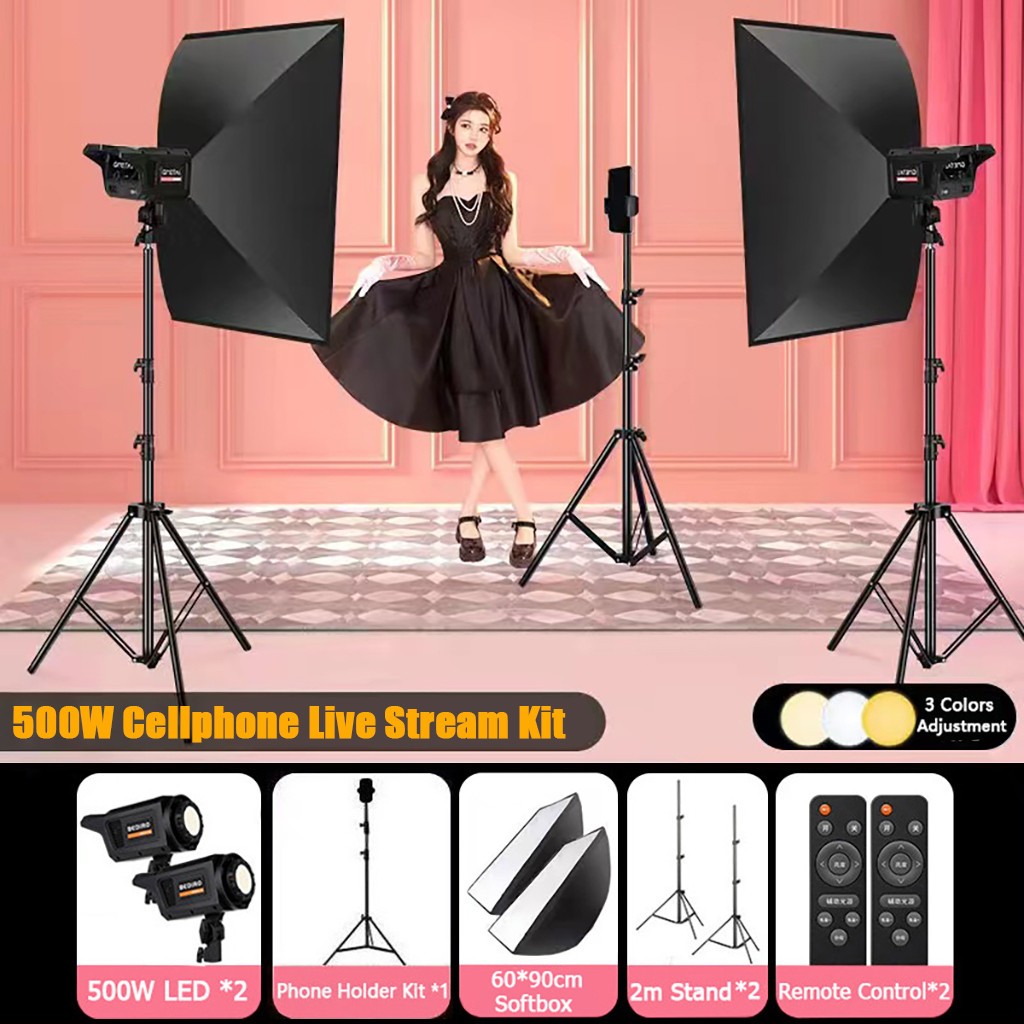 500W ไฟไลฟ์สด ไฟ LED with 60x90cm Softbox ชุดไฟต่อเนื่องพร้อมขาตั้ง for Cellphone Live Stream & Phot