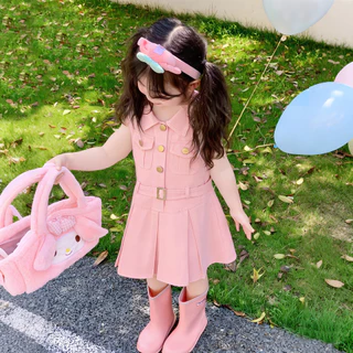 PRINCESS KESLI ชุดเดรสเด็กไม่มีแขน สีชมพู ชุดเด็กผู้หญิง ชุดเด็กเกาหลี เสื้อผ้าเด็ก 2-9ปี