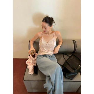 BY IRA (2026-129)Selena Top เสื้อสายเดี่ยวซาตินแต่งขอบลูกไม้ (ปรับสายได้)