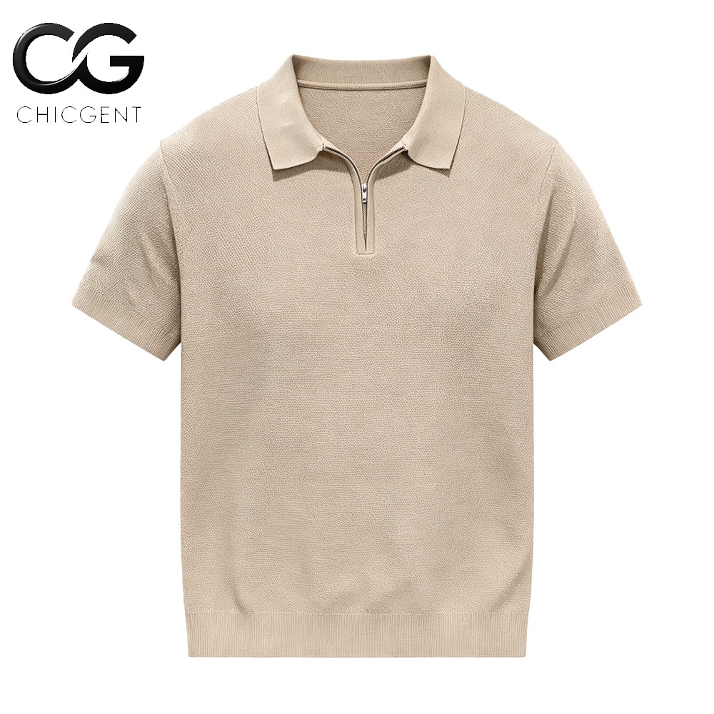 CHICGENT COD เสื้อโปโลแขนสั้น ผ้าถัก ซิป ปกเสื้อสีพื้น แขนสั้น สปอร์ต ลำลอง ฤดูร้อน