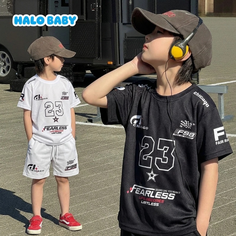 ชุดวอร์มสำหรับเด็กผู้ชาย เสื้อแขนสั้นและกางเกงขาสั้น ผ้าตาข่าย สไตล์เกาหลี ระบายอากาศได้ดีและทันสมัย