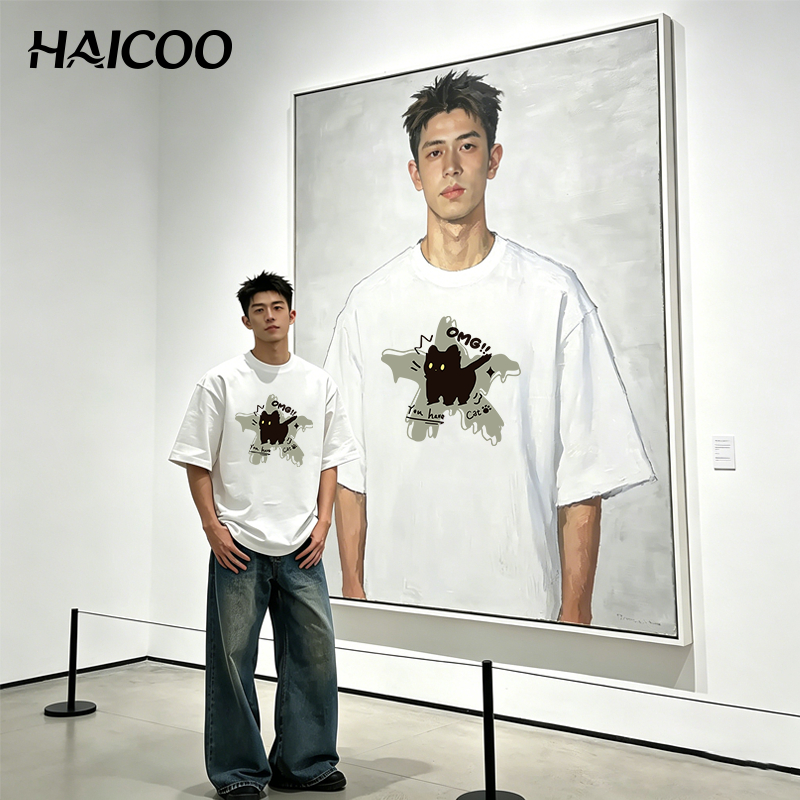 HAICOO เสื้อยืด ผ้าฝ้ายแท้ ลายแมวดำ  สีพื้น แขนสั้น ใส่ได้ทั้งผู้ชายและผู้หญิง เหมาะสำหรับวัยรุ่น