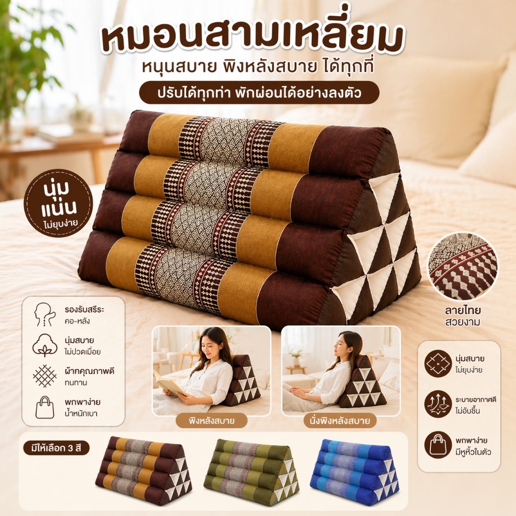 หมอนสามเหลี่ยสามเหลี่ยม ลายไทย สวยงาม ทนทาน