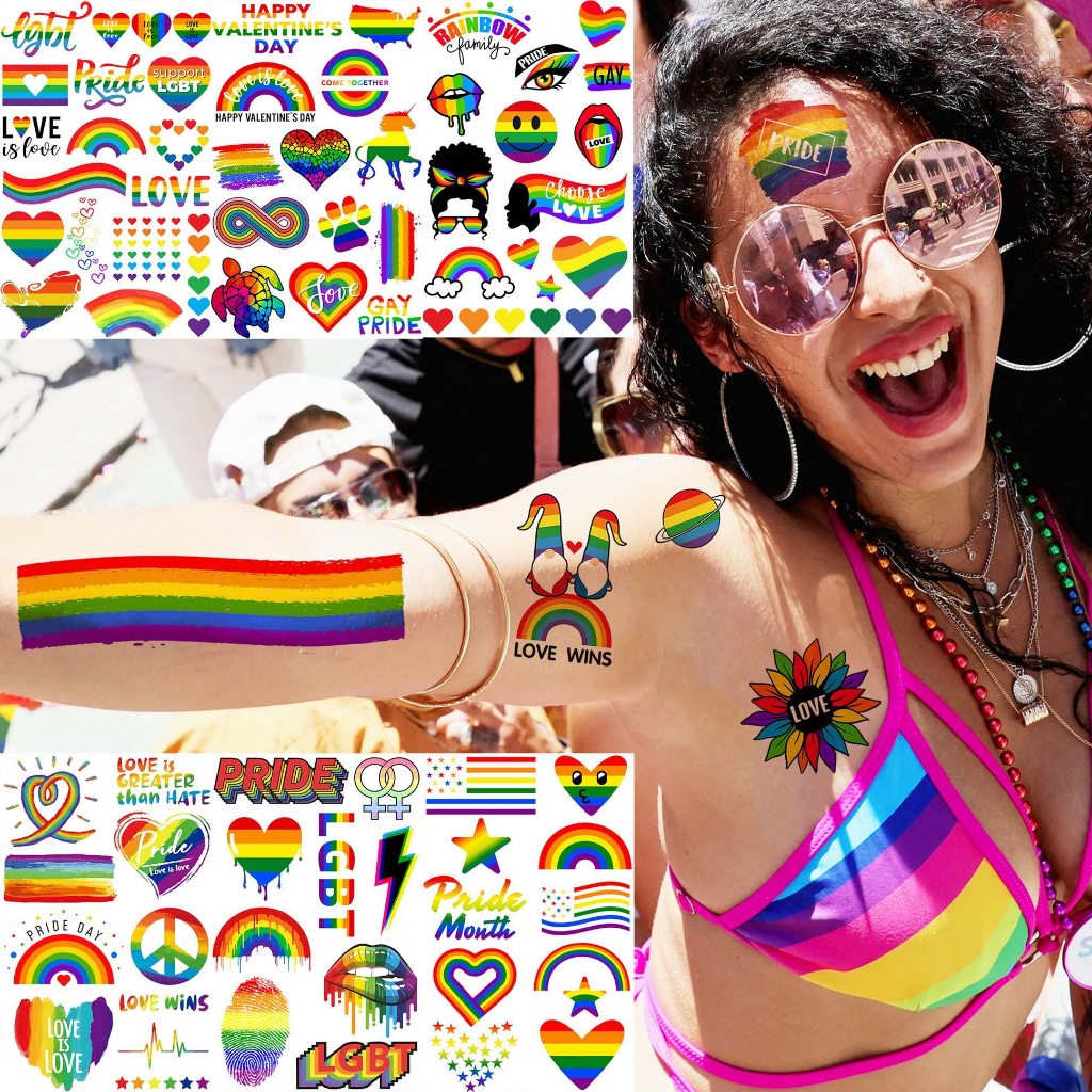 แทททูสีรุ้ง Hippie Peace Love Rainbow แทททู ฮิปปี้ รอยสัก PRIDE LGBT LGBTQ Temporary Tattoo Washable