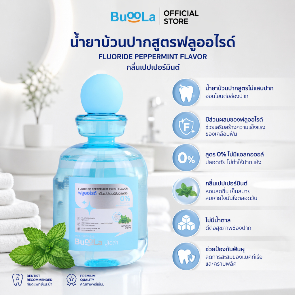 Buoola น้ำยาบ้วนปาก สูตรพิเศษ มีฟลูออไรด์ช่วยป้องกันฟันผุ กลิ่นเปปเปอร์มินต์ อ่อนโยน ไม่มีแอลกอฮอล์ ไม่แสบปาก