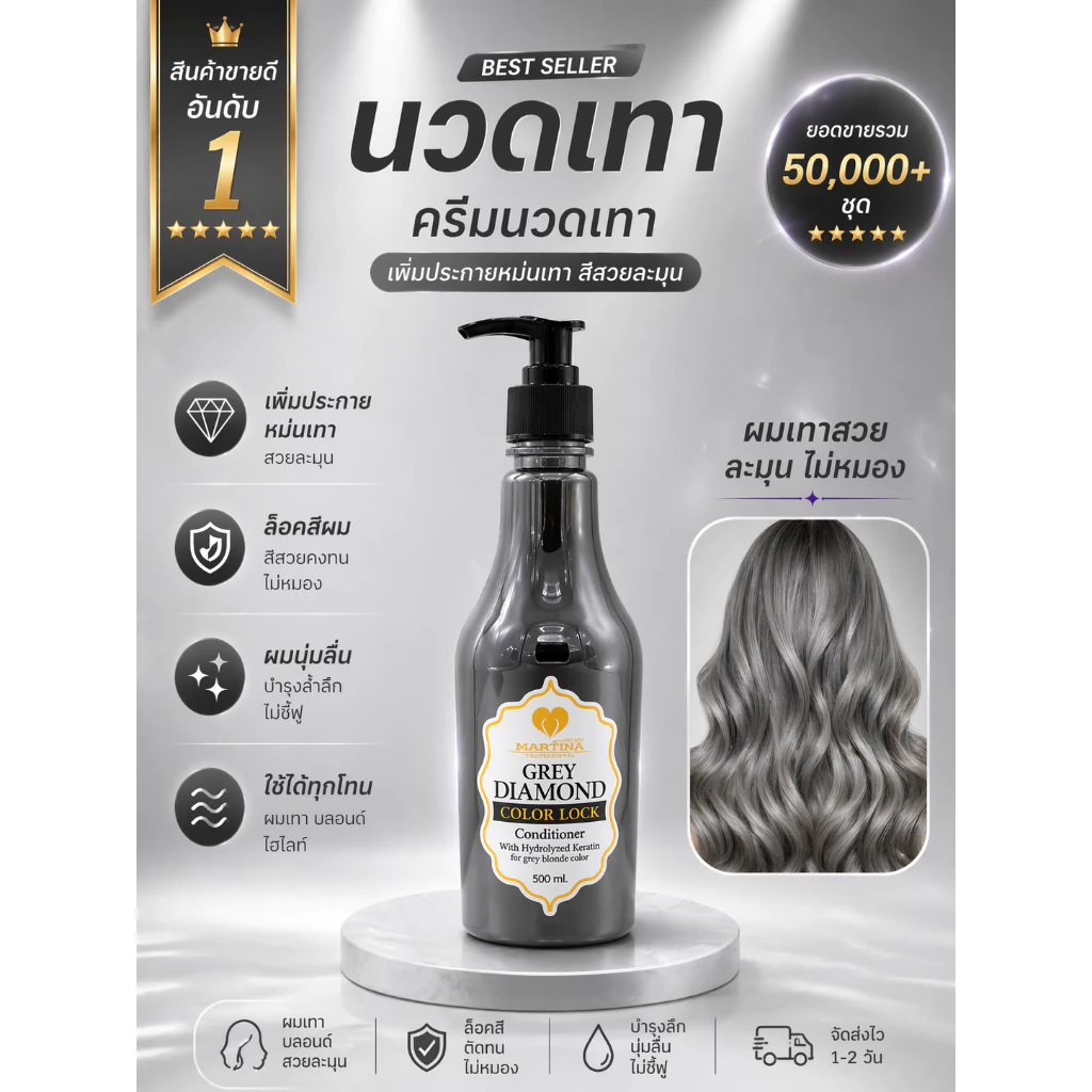 MARTINA ครีมนวดเทา ล็อกผมสีเทา ทำผมสีเทาต้องล็อกสีผมเทา&สีหม่นเทา ขวดใหญ่ 500ml.